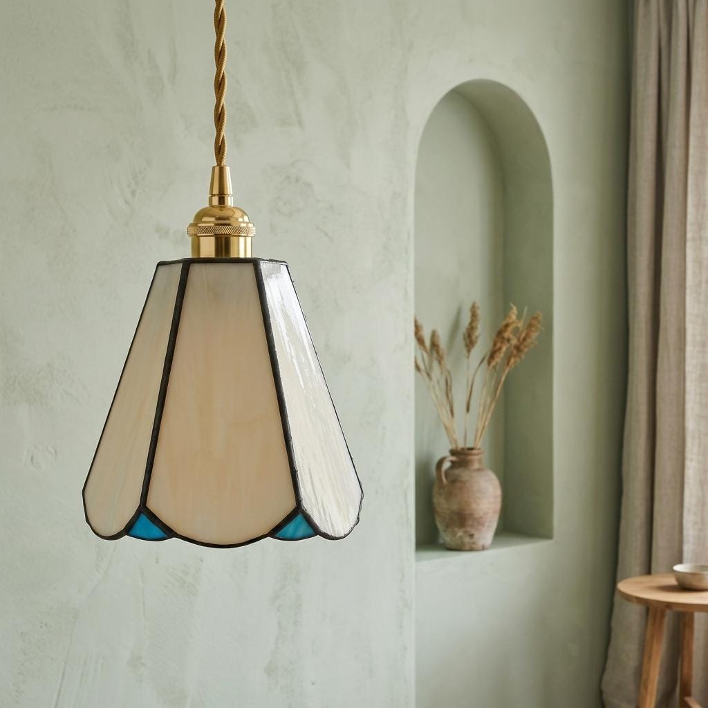 Handmade Cream Petal Tiffany-Inspired Pendant Light with Blue Details and a Slender Bell Shape - view 5