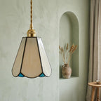 Handmade Cream Petal Tiffany-Inspired Pendant Light with Blue Details and a Slender Bell Shape - view 5