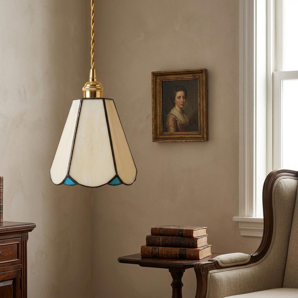 Handmade Cream Petal Tiffany-Inspired Pendant Light with Blue Details and a Slender Bell Shape - view 7