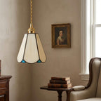 Handmade Cream Petal Tiffany-Inspired Pendant Light with Blue Details and a Slender Bell Shape - view 7