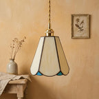 Handmade Cream Petal Tiffany-Inspired Pendant Light with Blue Details and a Slender Bell Shape - view 9