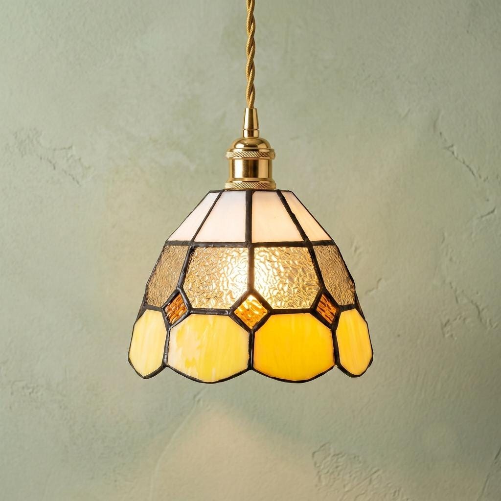 Handmade Cream and Yellow Tiffany-Inspired Pendant Light with Textured Gray Band by AuroraeGlass