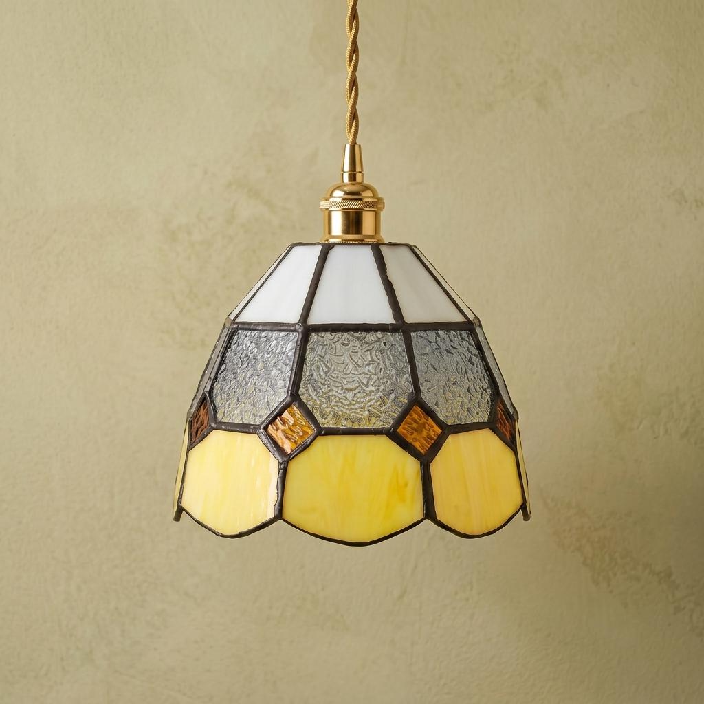 Handmade Cream and Yellow Tiffany-Inspired Pendant Light with Textured Gray Band - view 5