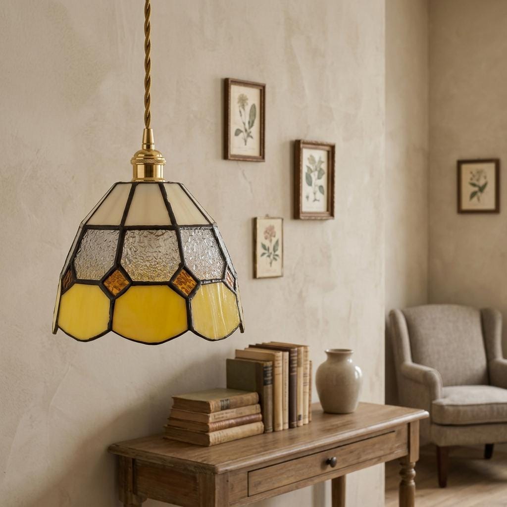 Handmade Cream and Yellow Tiffany-Inspired Pendant Light with Textured Gray Band - view 9