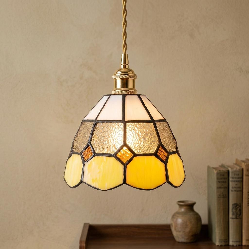 Handmade Cream and Yellow Tiffany-Inspired Pendant Light with Textured Gray Band - view 10
