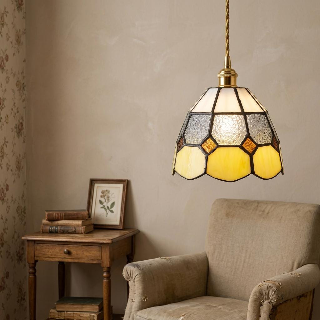 Handmade Cream and Yellow Tiffany-Inspired Pendant Light with Textured Gray Band - view 8