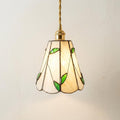 Handmade Cream Petal Tiffany-Inspired Pendant Light with Green Leaf Motifs by AuroraeGlass