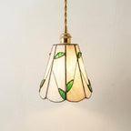 Handmade Cream Petal Tiffany-Inspired Pendant Light with Green Leaf Motifs by AuroraeGlass