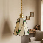 Handmade Cream Petal Tiffany-Inspired Pendant Light with Green Leaf Motifs - view 9