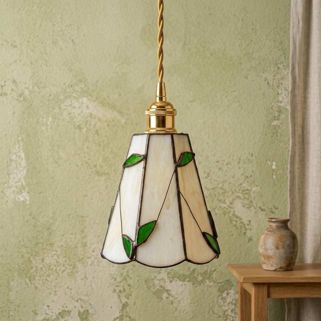 Handmade Cream Petal Tiffany-Inspired Pendant Light with Green Leaf Motifs - view 7