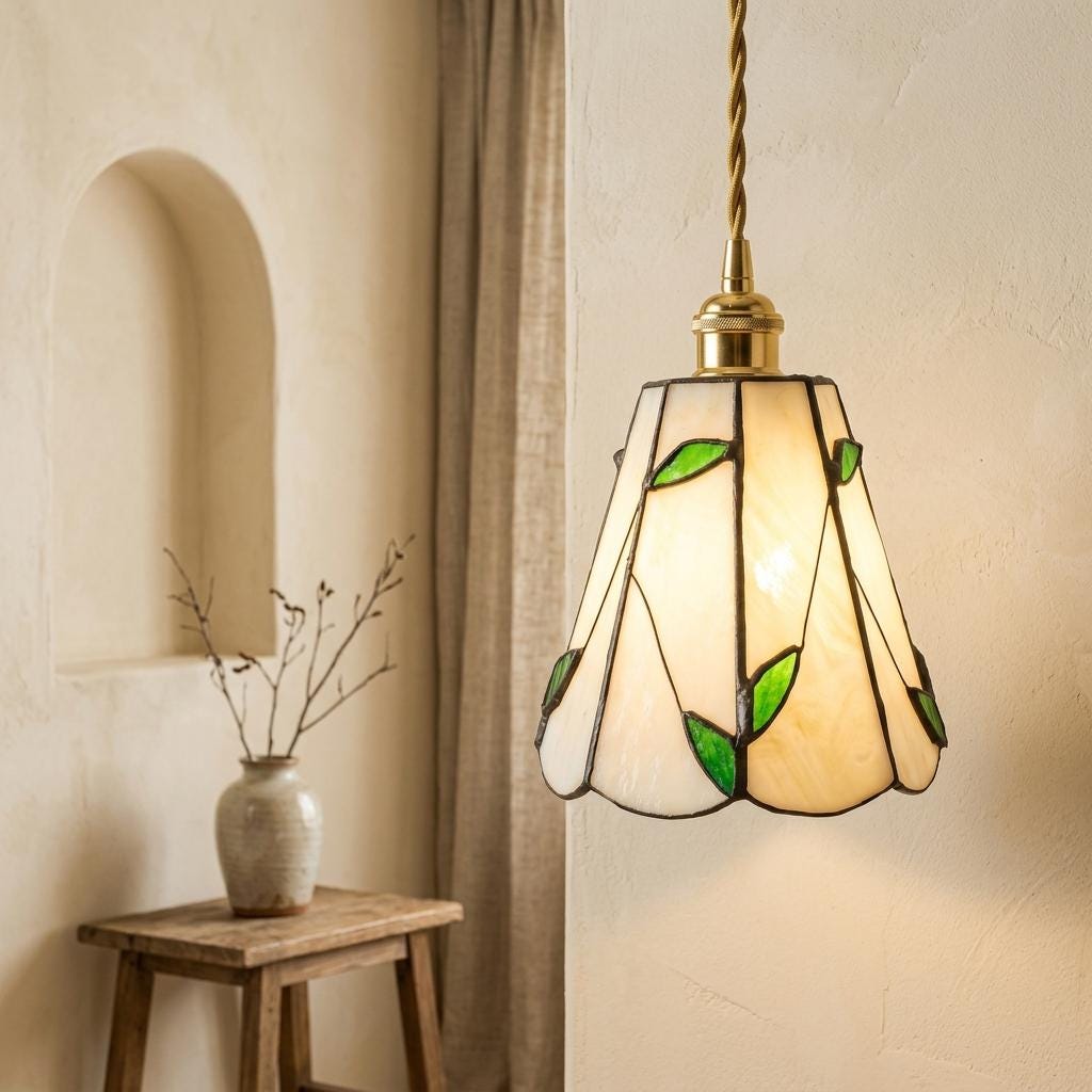 Handmade Cream Petal Tiffany-Inspired Pendant Light with Green Leaf Motifs - view 6