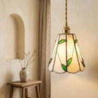 Handmade Cream Petal Tiffany-Inspired Pendant Light with Green Leaf Motifs - view 6