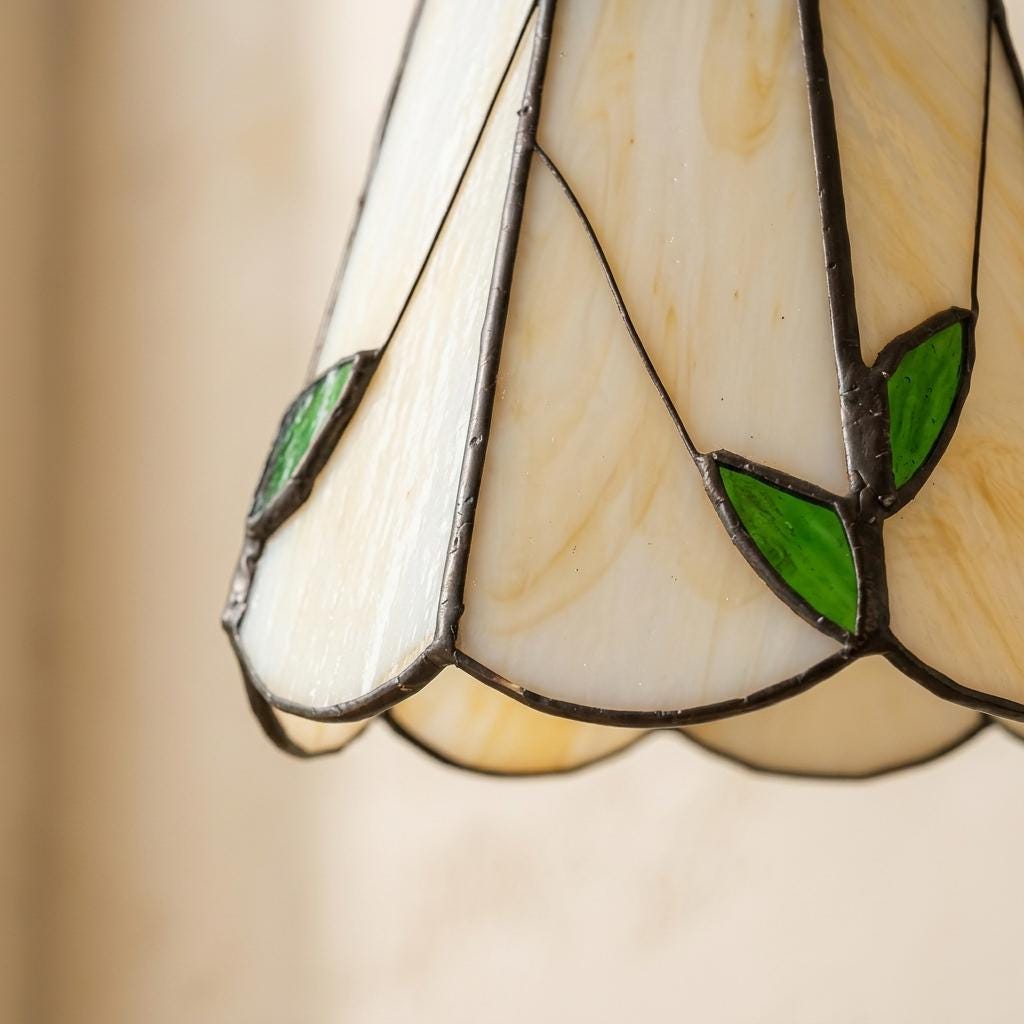 Handmade Cream Petal Tiffany-Inspired Pendant Light with Green Leaf Motifs - view 3