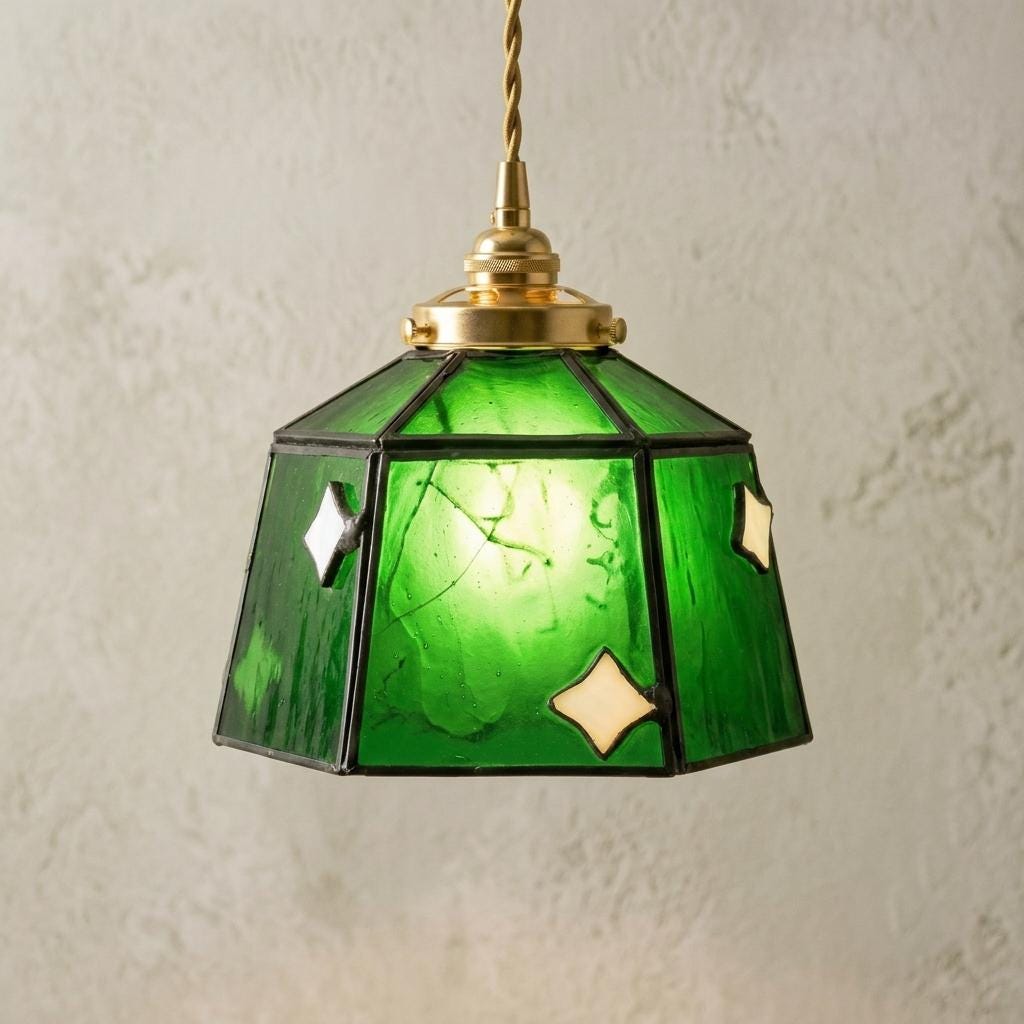 Handmade Dark Green Bell Tiffany-Inspired Pendant Light with White Diamond Motifs and Dark Frame by AuroraeGlass