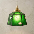 Handmade Dark Green Bell Tiffany-Inspired Pendant Light with White Diamond Motifs and Dark Frame by AuroraeGlass