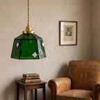 Handmade Dark Green Bell Tiffany-Inspired Pendant Light with White Diamond Motifs and Dark Frame - view 8