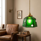 Handmade Dark Green Bell Tiffany-Inspired Pendant Light with White Diamond Motifs and Dark Frame - view 7