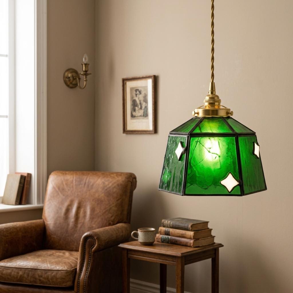 Handmade Dark Green Bell Tiffany-Inspired Pendant Light with White Diamond Motifs and Dark Frame - view 7
