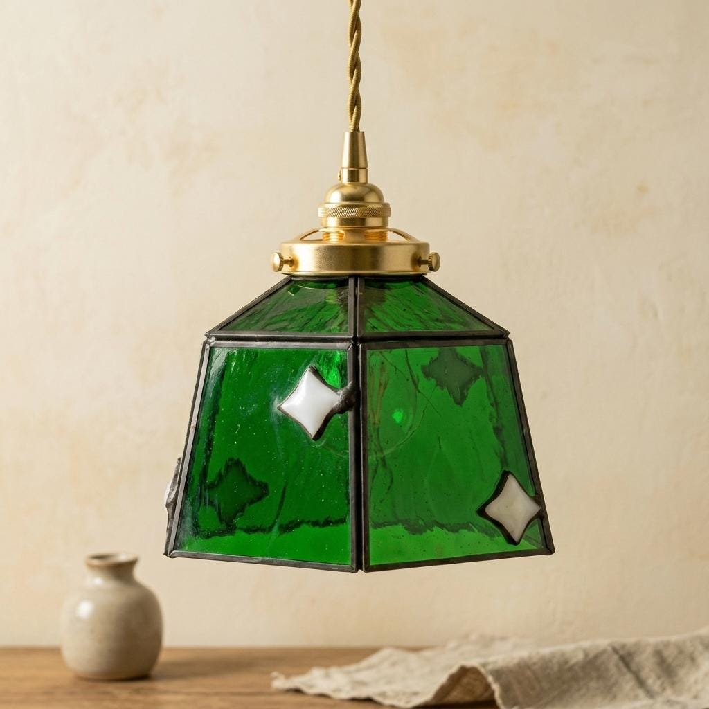 Handmade Dark Green Bell Tiffany-Inspired Pendant Light with White Diamond Motifs and Dark Frame - view 10