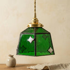 Handmade Dark Green Bell Tiffany-Inspired Pendant Light with White Diamond Motifs and Dark Frame - view 10