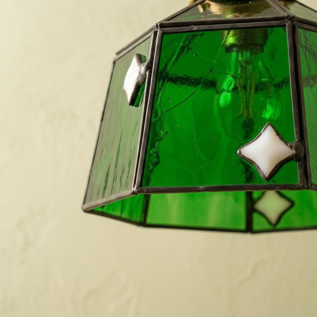 Handmade Dark Green Bell Tiffany-Inspired Pendant Light with White Diamond Motifs and Dark Frame - view 3