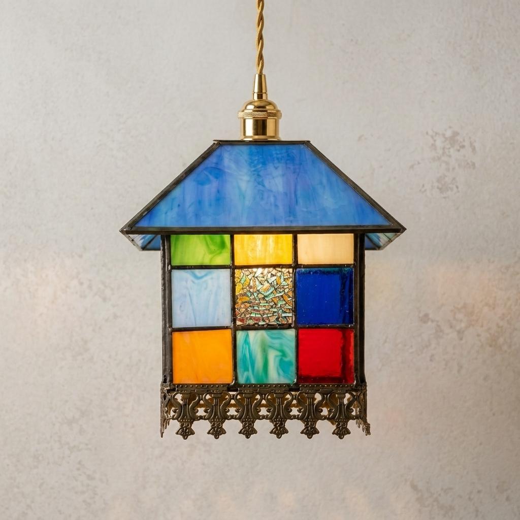 Handmade Blue-Roof House Tiffany-Inspired Pendant Light with Multicolor Panels and Dark Lower Edge by AuroraeGlass