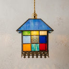 Handmade Blue-Roof House Tiffany-Inspired Pendant Light with Multicolor Panels and Dark Lower Edge by AuroraeGlass