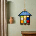 Handmade Blue-Roof House Tiffany-Inspired Pendant Light with Multicolor Panels and Dark Lower Edge - view 6