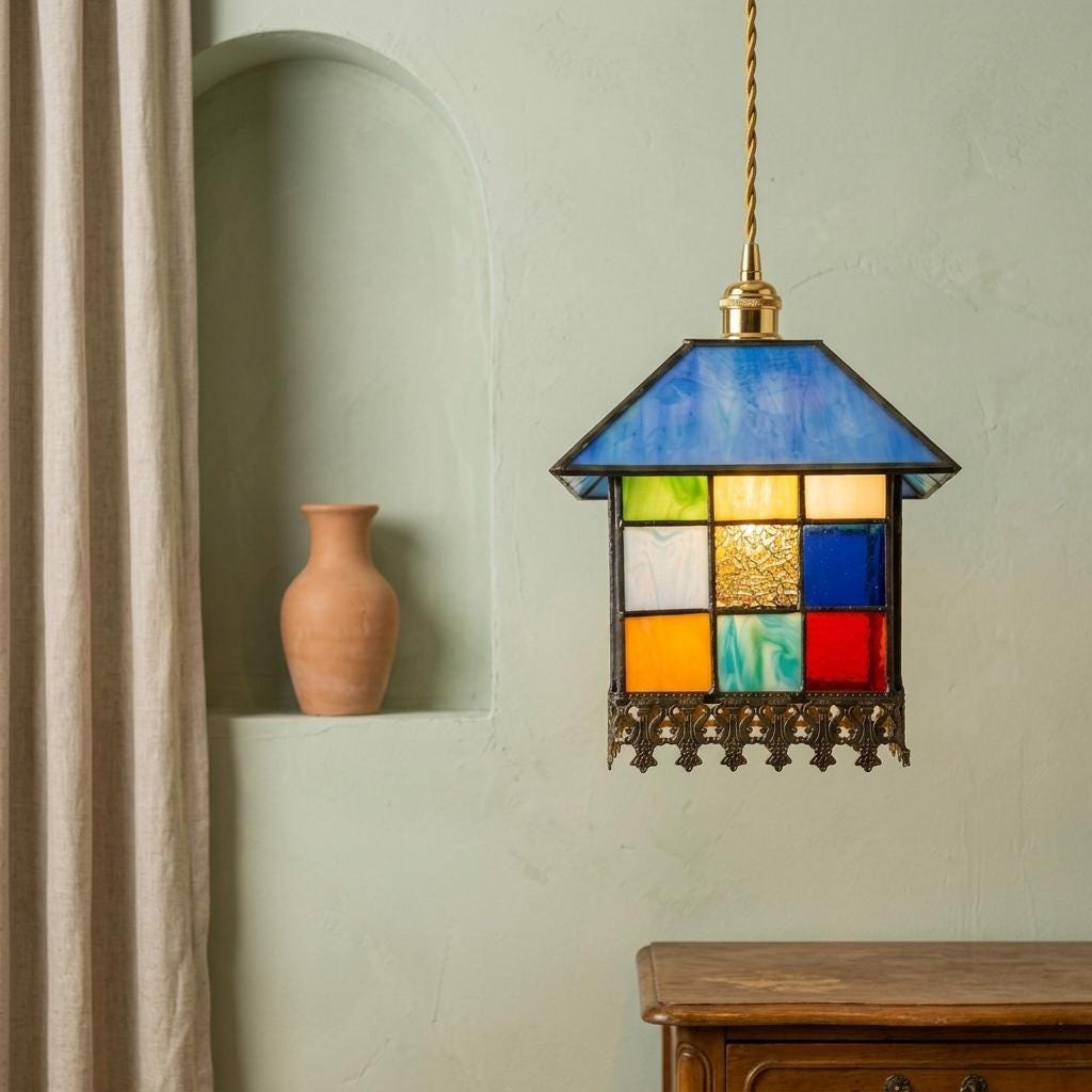 Handmade Blue-Roof House Tiffany-Inspired Pendant Light with Multicolor Panels and Dark Lower Edge - view 6