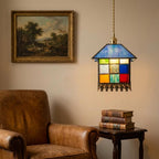 Handmade Blue-Roof House Tiffany-Inspired Pendant Light with Multicolor Panels and Dark Lower Edge - view 8