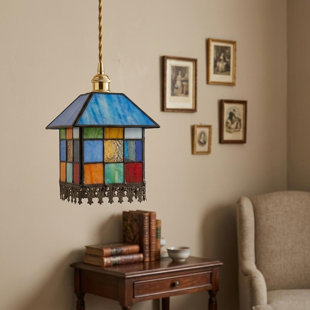 Handmade Blue-Roof House Tiffany-Inspired Pendant Light with Multicolor Panels and Dark Lower Edge - view 9