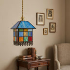 Handmade Blue-Roof House Tiffany-Inspired Pendant Light with Multicolor Panels and Dark Lower Edge - view 9
