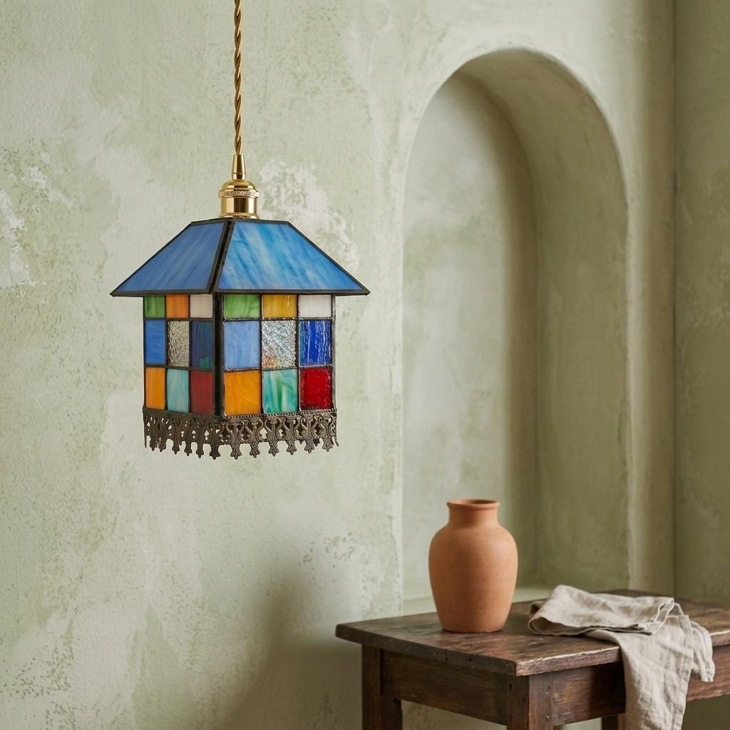 Handmade Blue-Roof House Tiffany-Inspired Pendant Light with Multicolor Panels and Dark Lower Edge - view 7