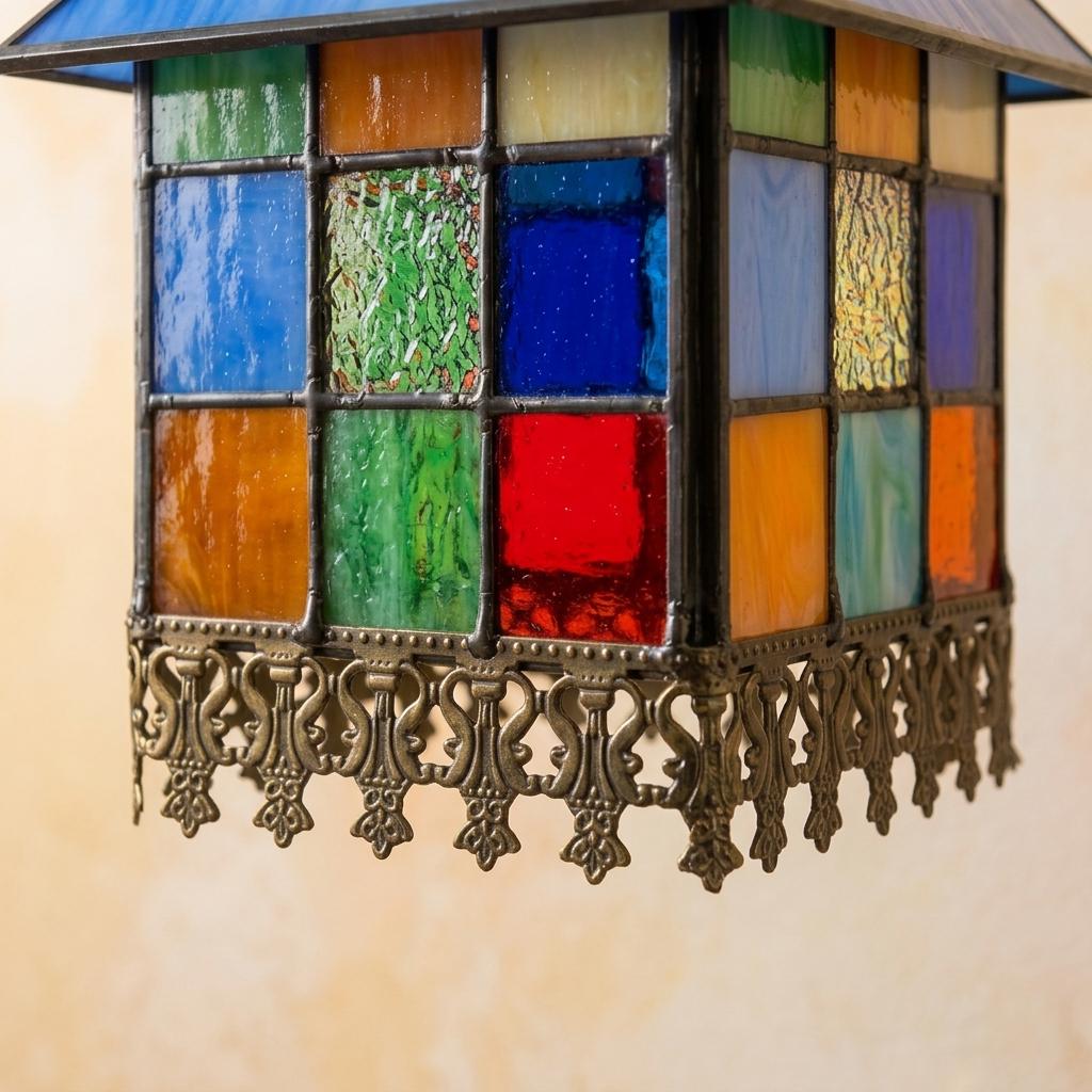 Handmade Blue-Roof House Tiffany-Inspired Pendant Light with Multicolor Panels and Dark Lower Edge - view 3