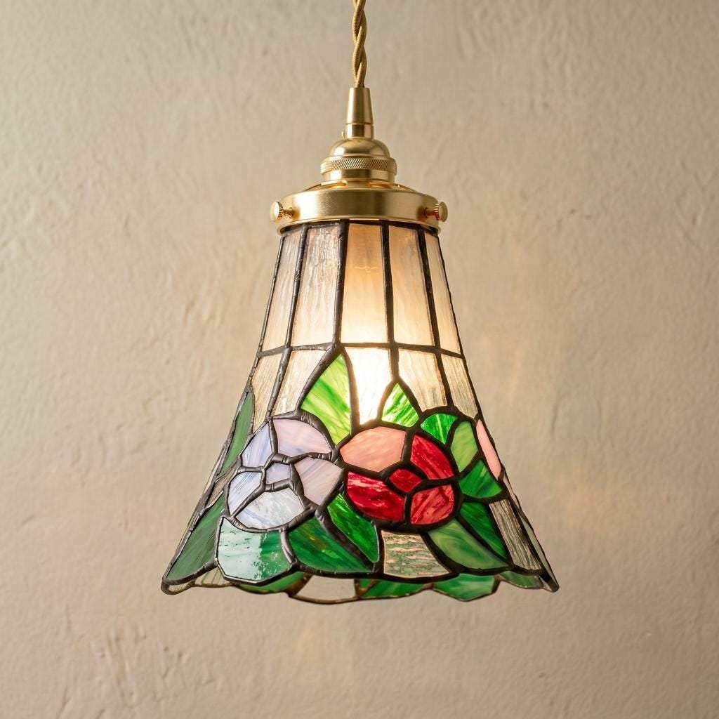 Handmade Floral Bell Tiffany-Inspired Pendant Light with Red, Pink, and Soft Purple Blooms by AuroraeGlass