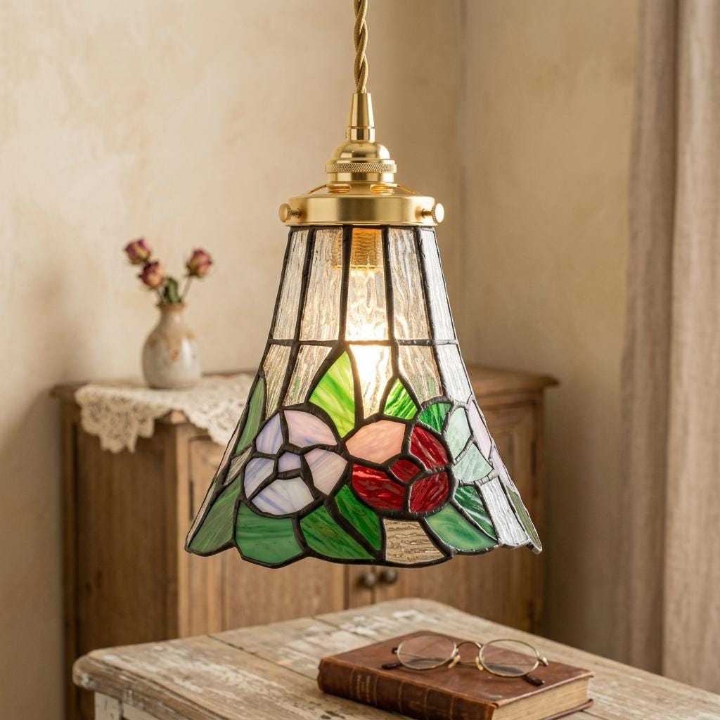 Handmade Floral Bell Tiffany-Inspired Pendant Light with Red, Pink, and Soft Purple Blooms - view 10