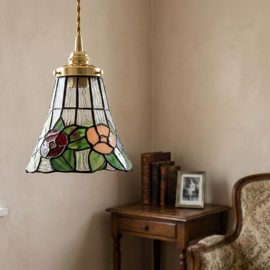 Handmade Floral Bell Tiffany-Inspired Pendant Light with Red, Pink, and Soft Purple Blooms - view 9
