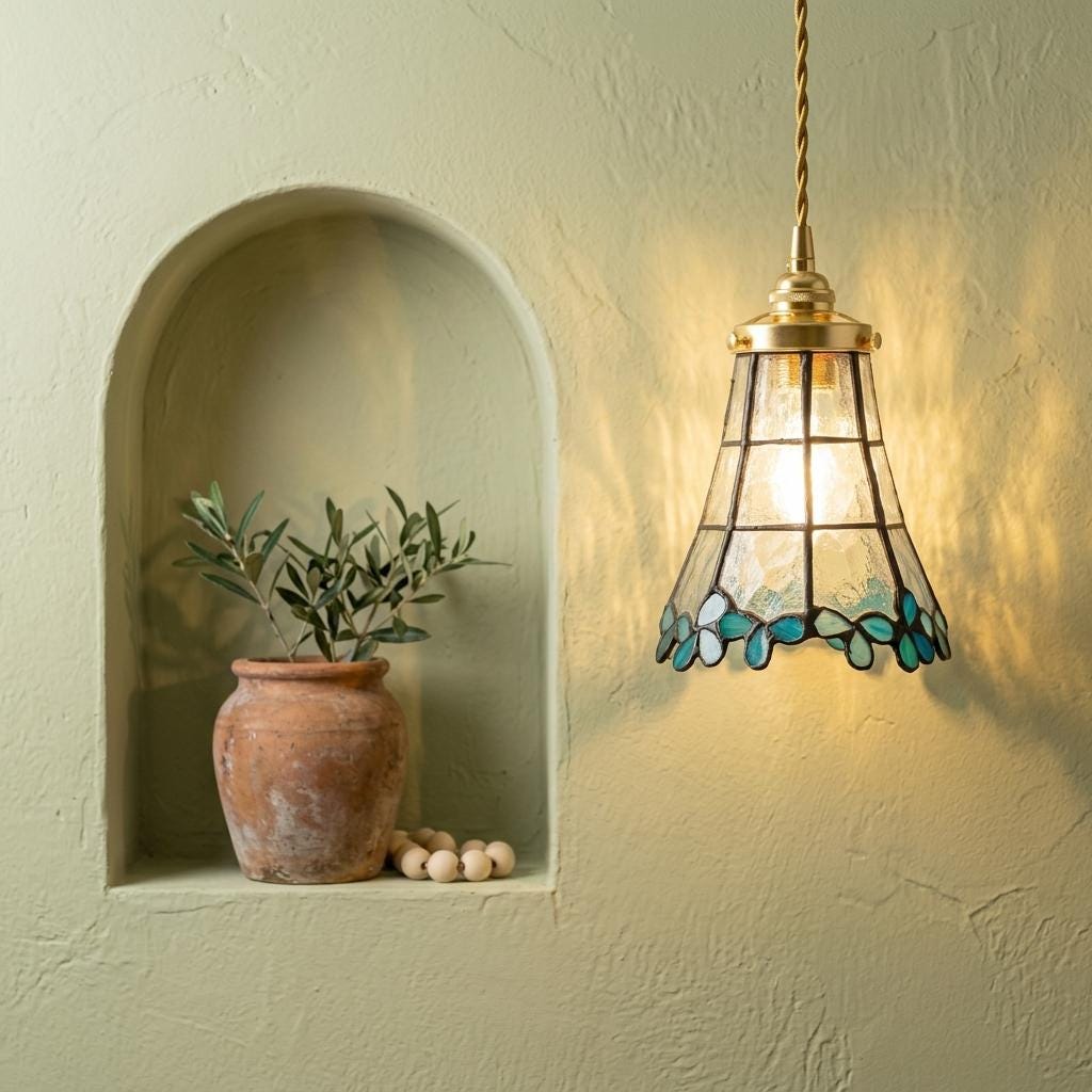 Handmade Blue Leaf Tiffany-Inspired Pendant Light with Tall Bell Shape and Scalloped Edge - view 6