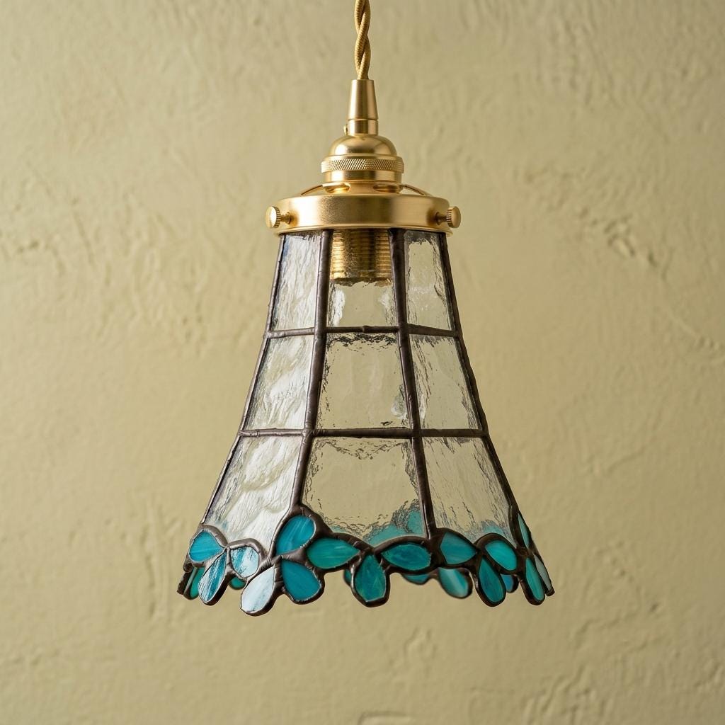 Handmade Blue Leaf Tiffany-Inspired Pendant Light with Tall Bell Shape and Scalloped Edge - view 5