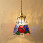 Handmade Red and Blue Floral Tiffany-Inspired Pendant Light with Multicolor Bell Panels by AuroraeGlass