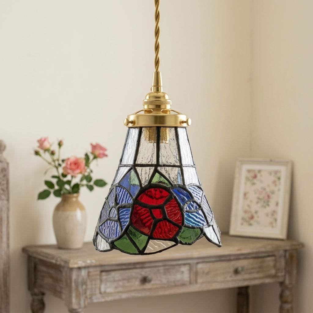 Handmade Red and Blue Floral Tiffany-Inspired Pendant Light with Multicolor Bell Panels - view 10