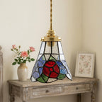 Handmade Red and Blue Floral Tiffany-Inspired Pendant Light with Multicolor Bell Panels - view 10