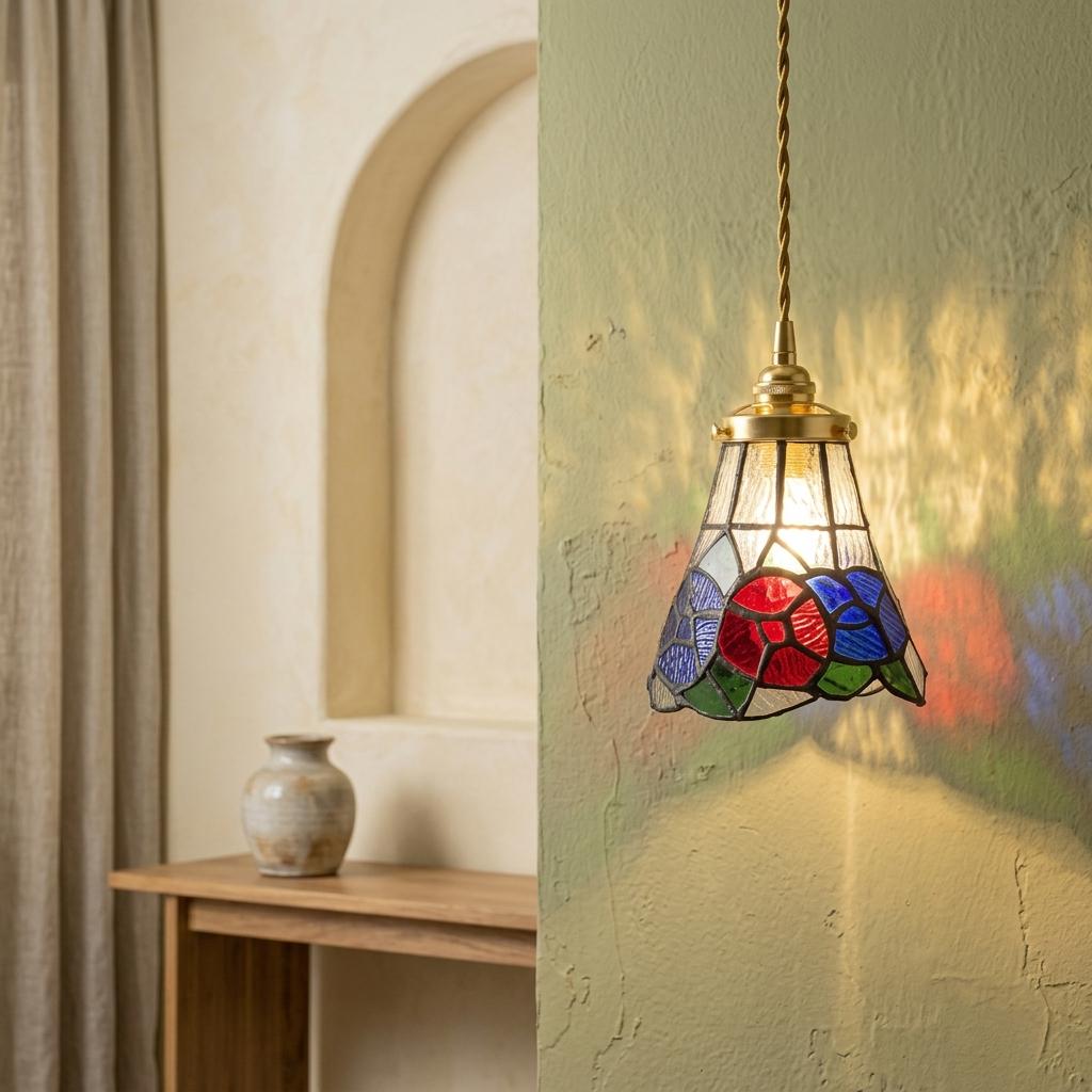 Handmade Red and Blue Floral Tiffany-Inspired Pendant Light with Multicolor Bell Panels - view 5