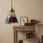 Handmade Red and Blue Floral Tiffany-Inspired Pendant Light with Multicolor Bell Panels - view 8