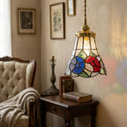 Handmade Red and Blue Floral Tiffany-Inspired Pendant Light with Multicolor Bell Panels - view 7