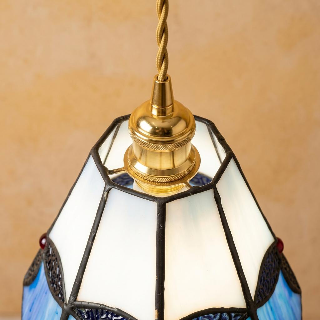 Handmade Blue and Cream Tiffany-Inspired Pendant Light with Leaf-Like Motif - view 4