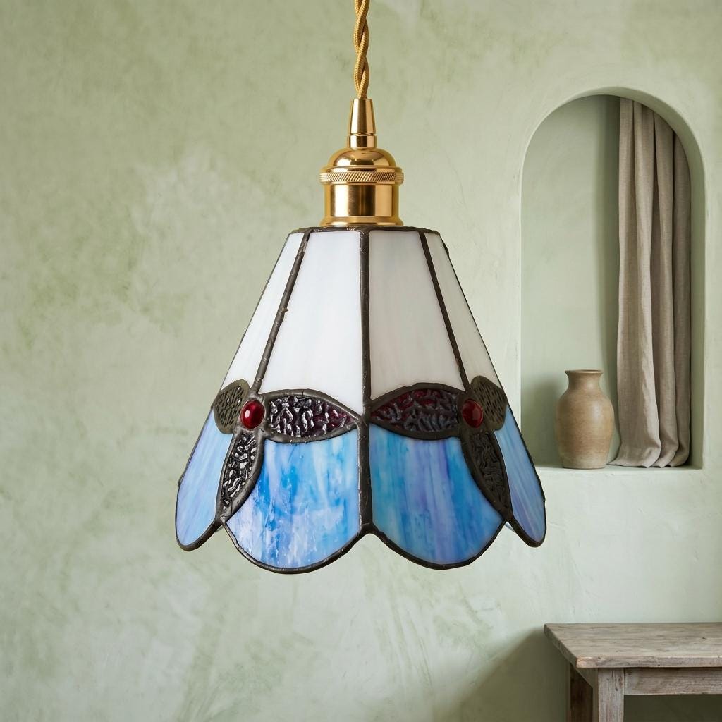 Handmade Blue and Cream Tiffany-Inspired Pendant Light with Leaf-Like Motif - view 7