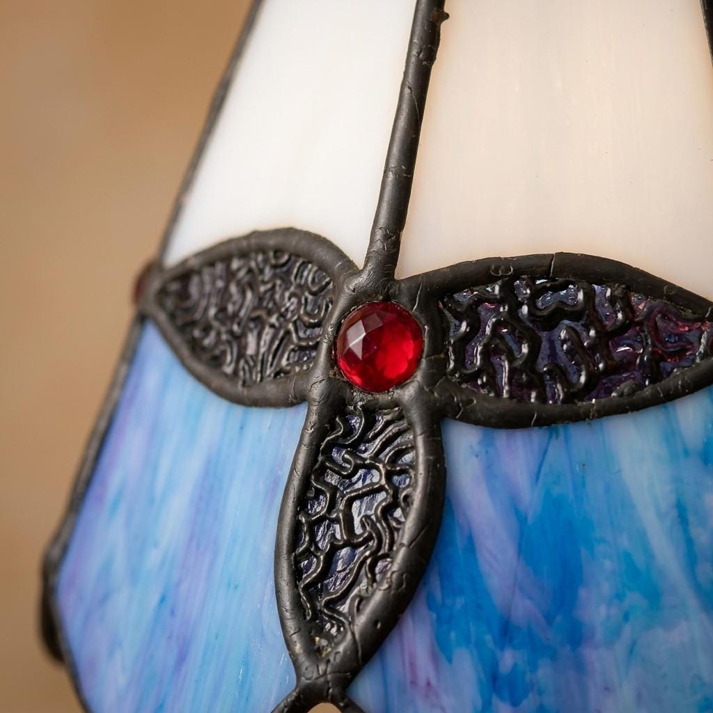 Handmade Blue and Cream Tiffany-Inspired Pendant Light with Leaf-Like Motif - view 2