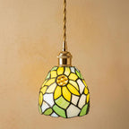 Handmade Yellow Floral Dome Tiffany-Inspired Pendant Light with Green Botanical Motifs by AuroraeGlass