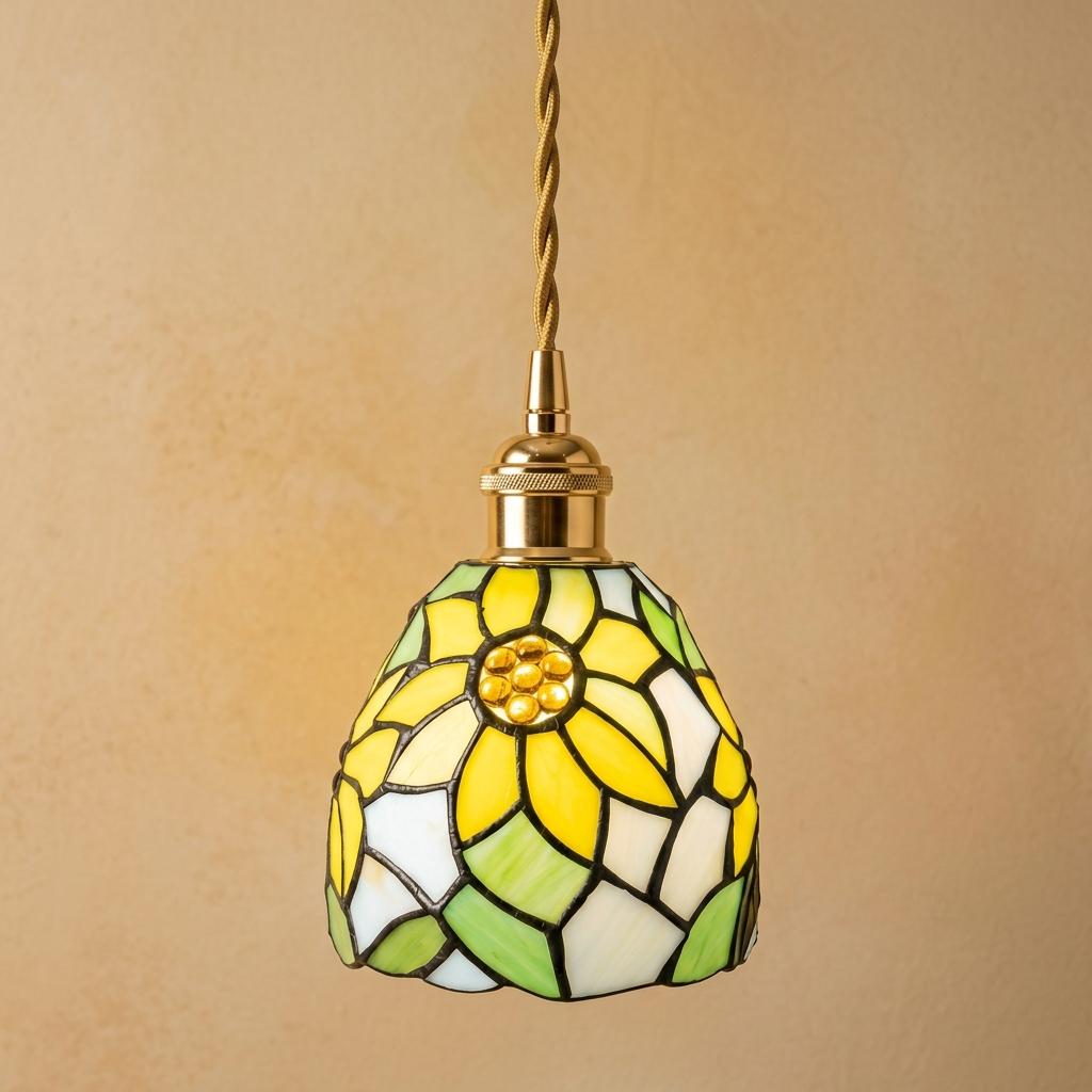 Handmade Yellow Floral Dome Tiffany-Inspired Pendant Light with Green Botanical Motifs by AuroraeGlass